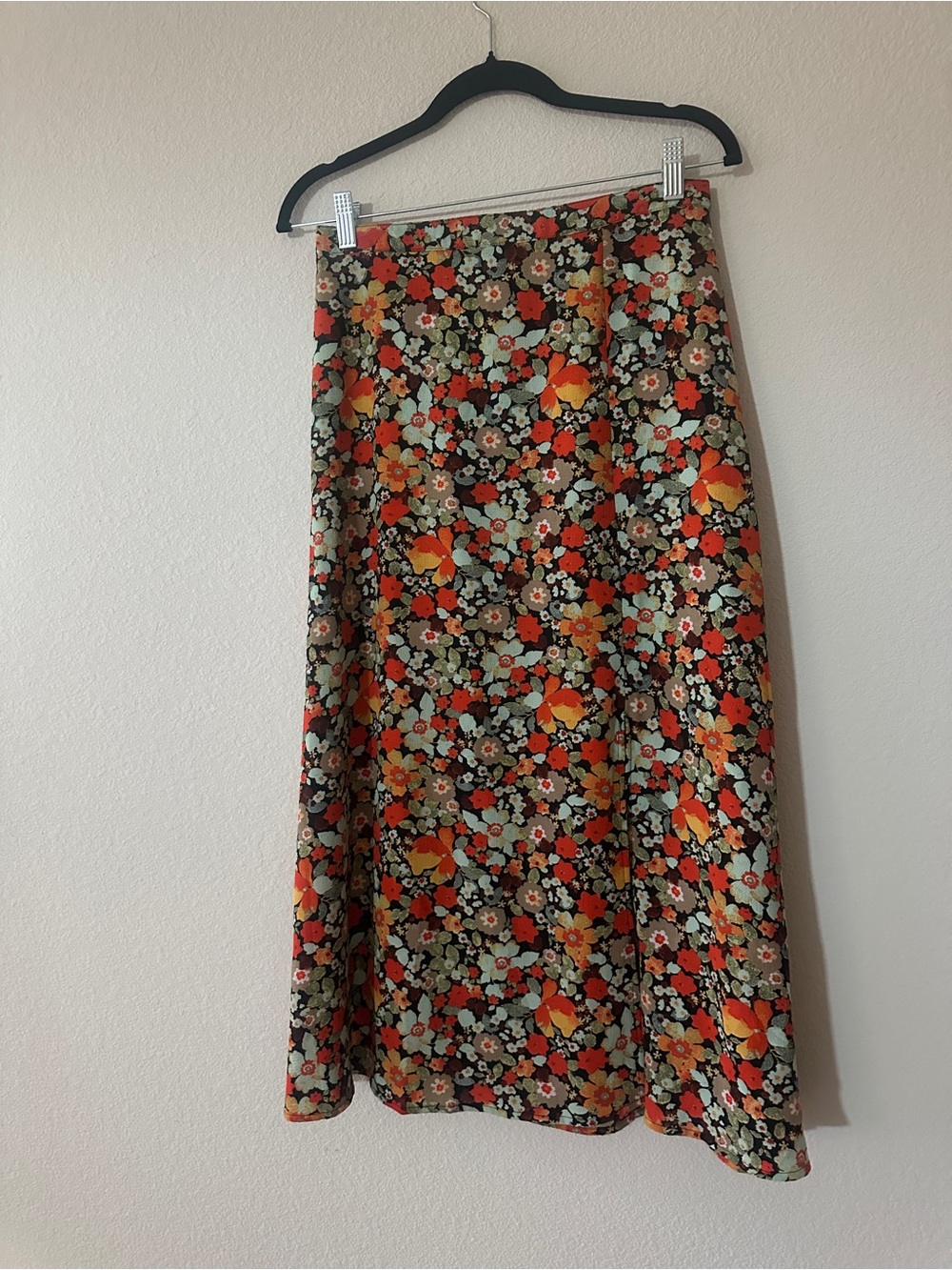 Vero Moda Floral Midi Skirt Side Slit Autumn Orange Green Size M